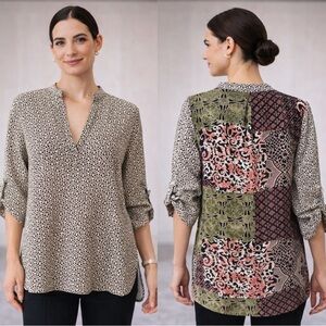 Impeccable Pig Cotton Boho 3/4 Sleeve V Neck Top Small S